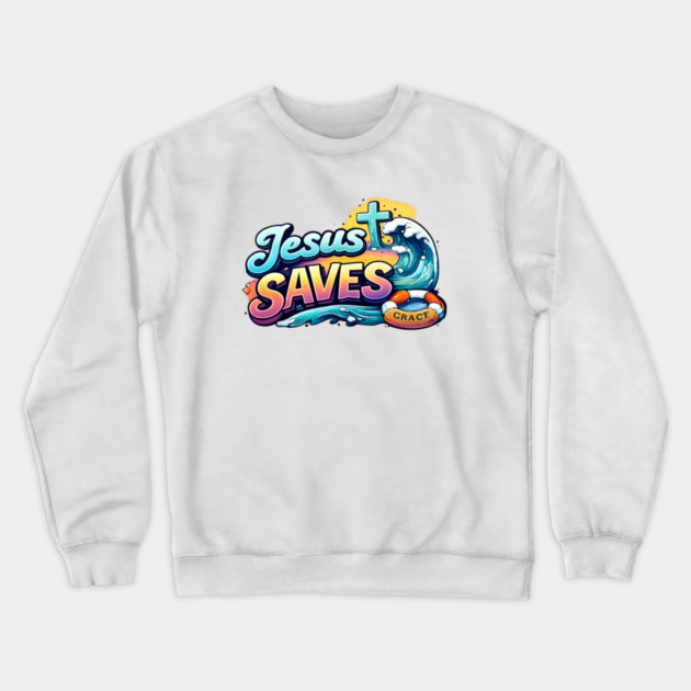 Jesus Saves Christian Faith Design | Grace Cross and Wave Illustration Crewneck Sweatshirt by Anne Lee