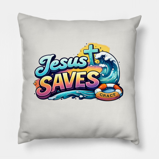 Jesus Saves Christian Faith Design | Grace Cross and Wave Illustration Pillow by Anne Lee