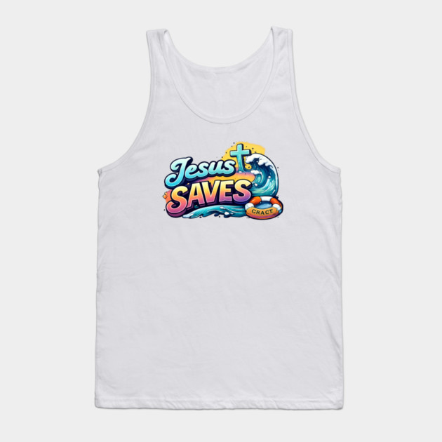 Jesus Saves Christian Faith Design | Grace Cross and Wave Illustration Tank Top by Anne Lee