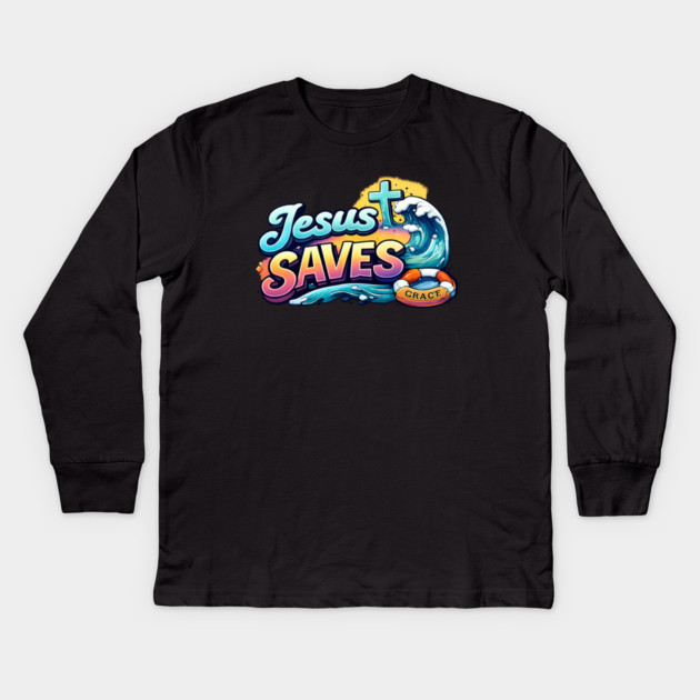 Jesus Saves Christian Faith Design | Grace Cross and Wave Illustration Kids Long Sleeve T-Shirt by Anne Lee
