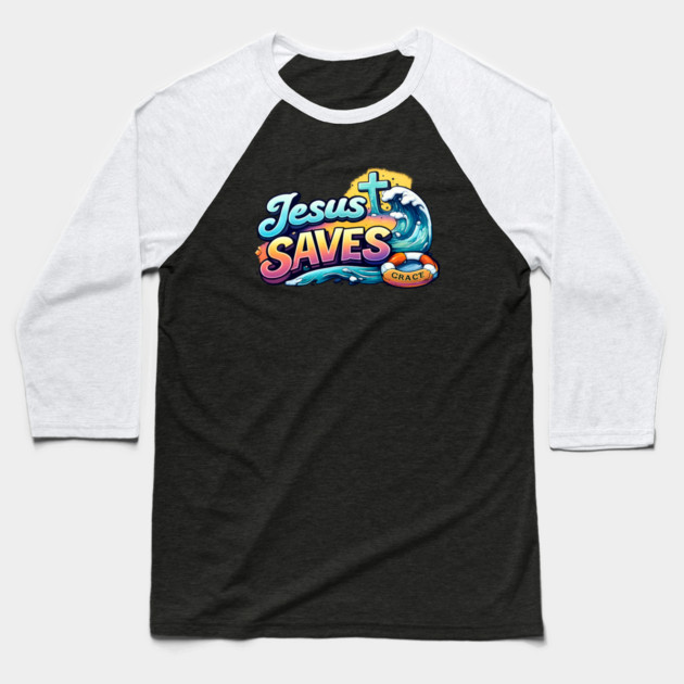 Jesus Saves Christian Faith Design | Grace Cross and Wave Illustration Baseball T-Shirt by Anne Lee
