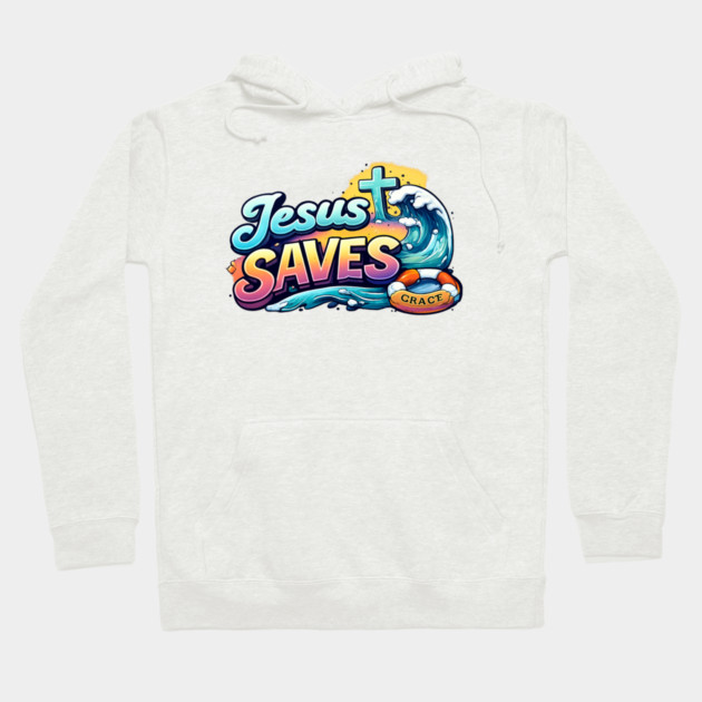 Jesus Saves Christian Faith Design | Grace Cross and Wave Illustration Hoodie by Anne Lee