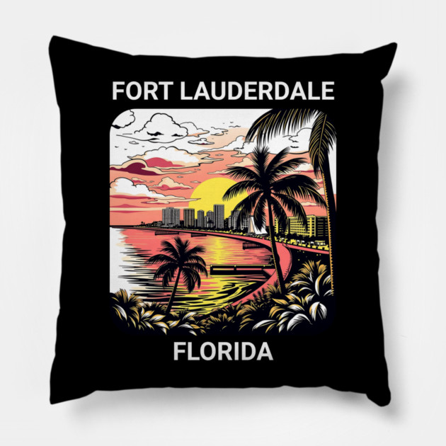 Vintage Fort Lauderdale Florida Beach - Retro 70s Spring Break Gift Pillow by Pixel Threads 