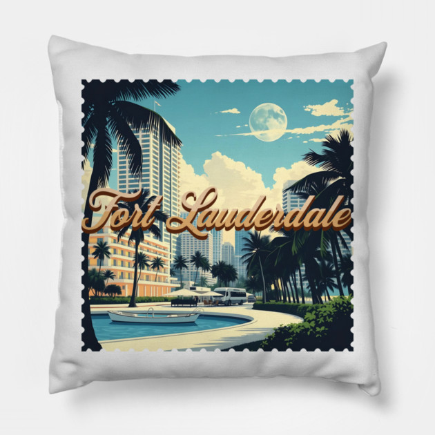 Vintage Fort Lauderdale Florida Beach - Retro 70s Spring Break Gift Pillow by Pixel Threads 