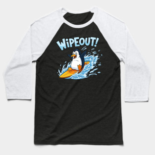 Penguin Surfing Wipeout Baseball T-Shirt