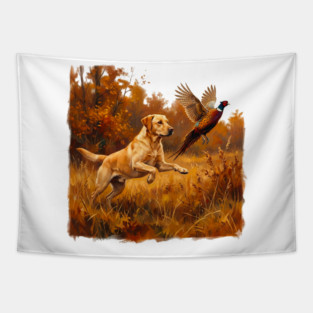 Yellow Lab Pheasant Hunting Dog Autumn Field Artwork Tapestry