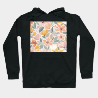 A soft floral pattern with blooms in yellow, peach, pink, and white, with blue-green leaves Hoodie