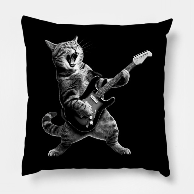 Cat Playing Guitar Rock and Roll Rock Star Pillow by yangho