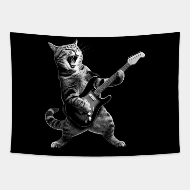 Cat Playing Guitar Rock and Roll Rock Star Tapestry by yangho