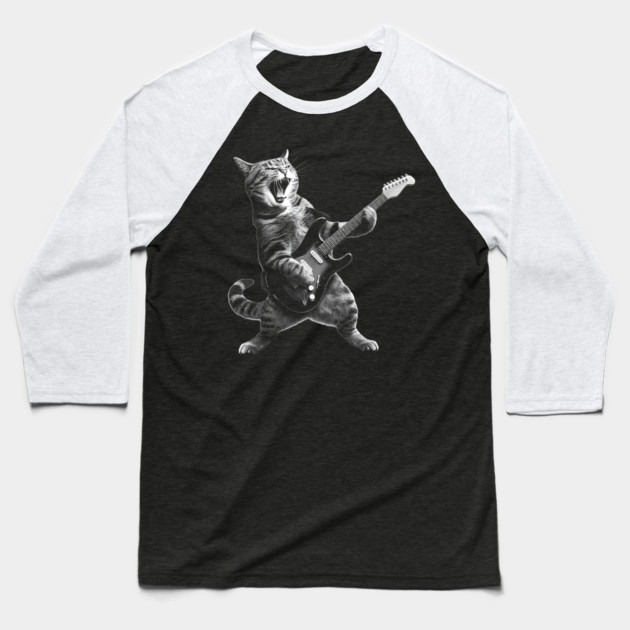 Cat Playing Guitar Rock and Roll Rock Star Baseball T-Shirt by yangho