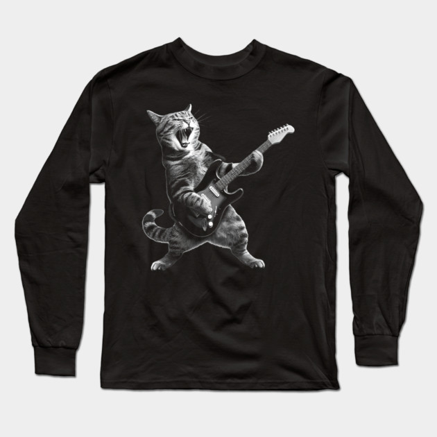 Cat Playing Guitar Rock and Roll Rock Star Long Sleeve T-Shirt by yangho