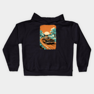 Retro Road Trip Sunset – Vintage Car on Scenic Winding Route Kids Hoodie