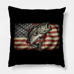 American Flag Bass Fishing Patriotic Angler Pillow