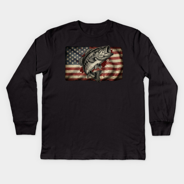 American Flag Bass Fishing Patriotic Angler Kids Long Sleeve T-Shirt by ArtistTee ⭐⭐⭐⭐⭐
