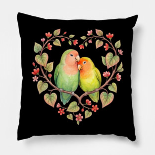 Lovebird Couple in Floral Heart Wreath Pillow