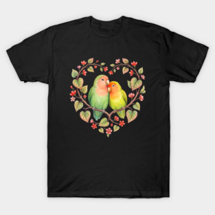 Lovebird Couple in Floral Heart Wreath T-Shirt