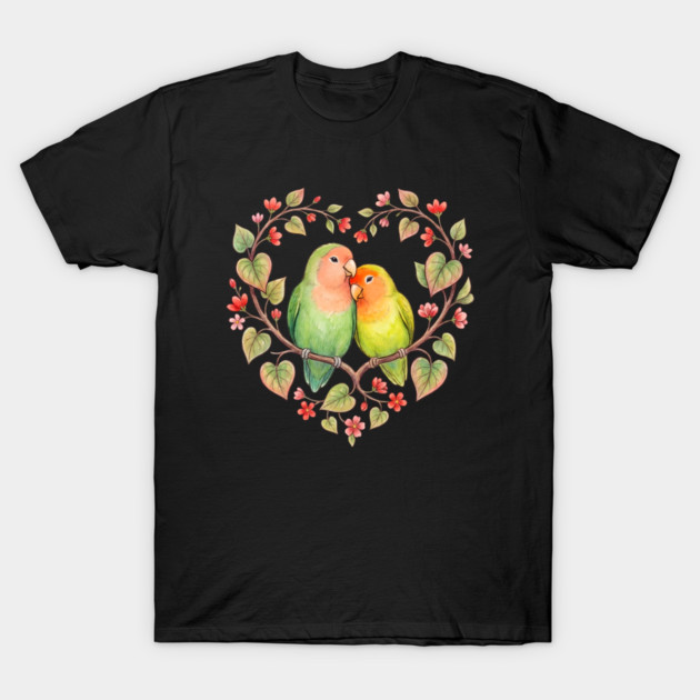 Lovebird Couple in Floral Heart Wreath T-Shirt by Creatifly Graphic Tees