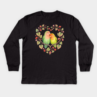 Lovebird Couple in Floral Heart Wreath Kids Long Sleeve T-Shirt