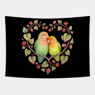 Lovebird Couple in Floral Heart Wreath Tapestry