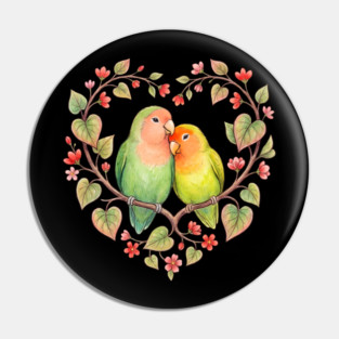 Lovebird Couple in Floral Heart Wreath Pin