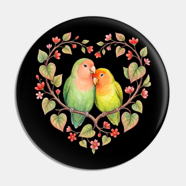 Lovebird Couple in Floral Heart Wreath Pin by Creatifly Graphic Tees