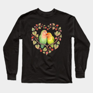 Lovebird Couple in Floral Heart Wreath Long Sleeve T-Shirt