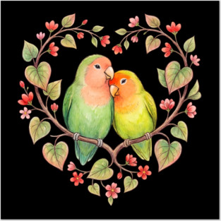Lovebird Couple in Floral Heart Wreath Posters and Art