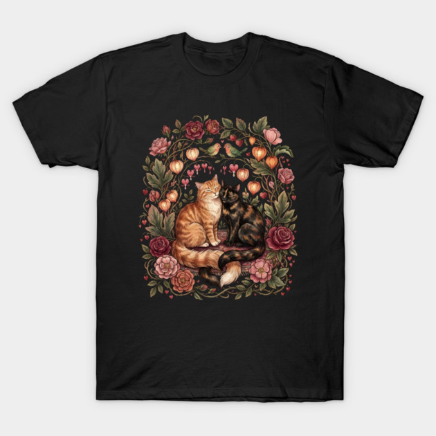 Romantic Cats Floral Wreath Vintage Valentine T-Shirt by Creatifly Graphic Tees