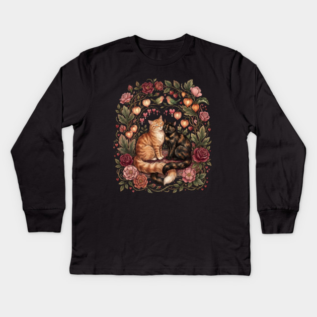 Romantic Cats Floral Wreath Vintage Valentine Kids Long Sleeve T-Shirt by Creatifly Graphic Tees