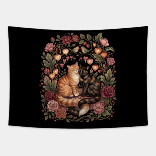 Romantic Cats Floral Wreath Vintage Valentine Tapestry