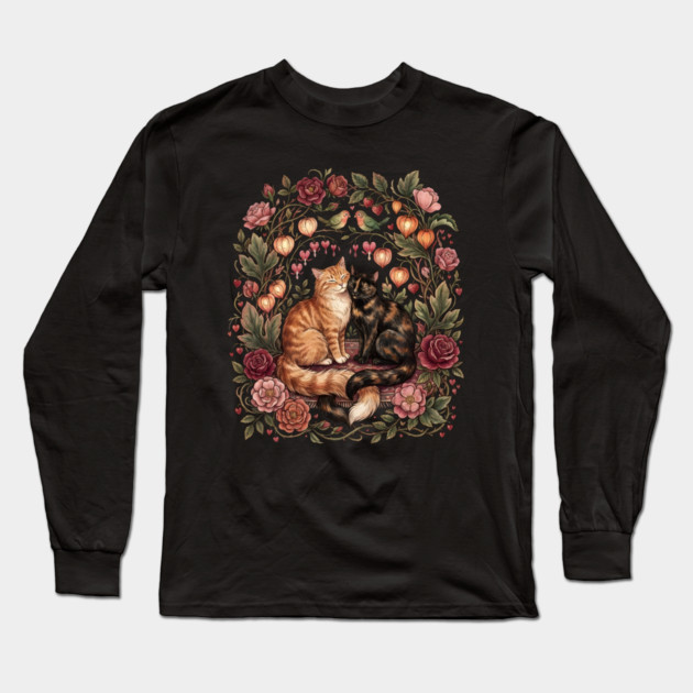 Romantic Cats Floral Wreath Vintage Valentine Long Sleeve T-Shirt by Creatifly Graphic Tees