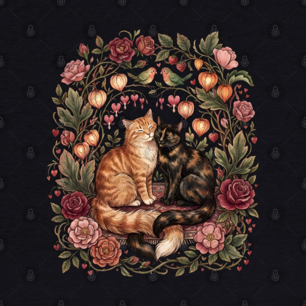 Romantic Cats Floral Wreath Vintage Valentine by Creatifly Graphic Tees