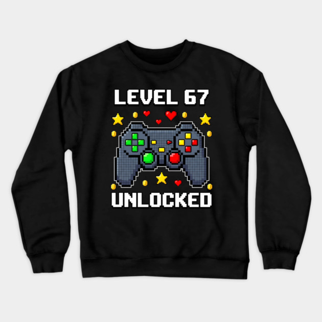 Level 67 Unlocked Pixel Controller Crewneck Sweatshirt by Creatifly Graphic Tees