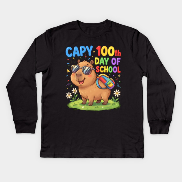 Capybara 100th Day of School Celebration Kids Long Sleeve T-Shirt by Creatifly Graphic Tees