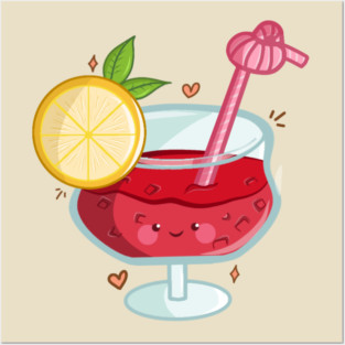 Happy Red Wine - Cute Kawaii Wine Glass Cartoon Posters and Art