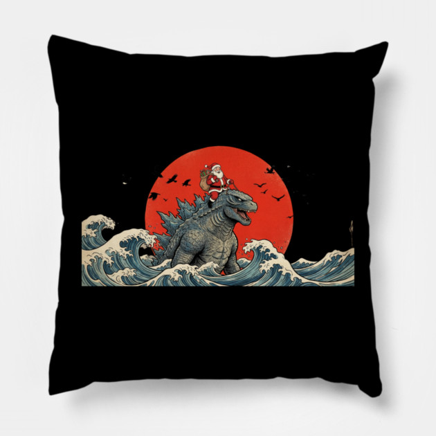 Santa Claus Riding Godzilla Christmas Kaiju Pillow by ArtistTee ⭐⭐⭐⭐⭐