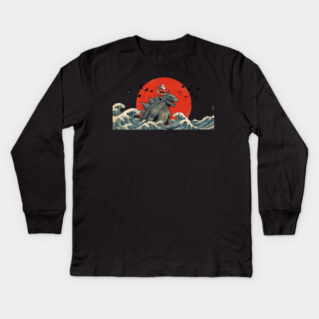 Santa Claus Riding Godzilla Christmas Kaiju Kids Long Sleeve T-Shirt by ArtistTee ⭐⭐⭐⭐⭐