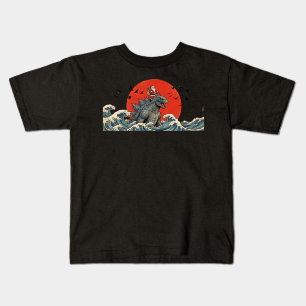 Santa Claus Riding Godzilla Christmas Kaiju Kids T-Shirt by ArtistTee ⭐⭐⭐⭐⭐