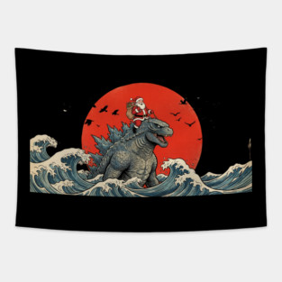 Santa Claus Riding Godzilla Christmas Kaiju Tapestry