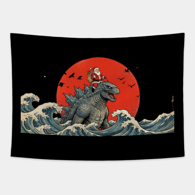 Santa Claus Riding Godzilla Christmas Kaiju Tapestry by ArtistTee ⭐⭐⭐⭐⭐