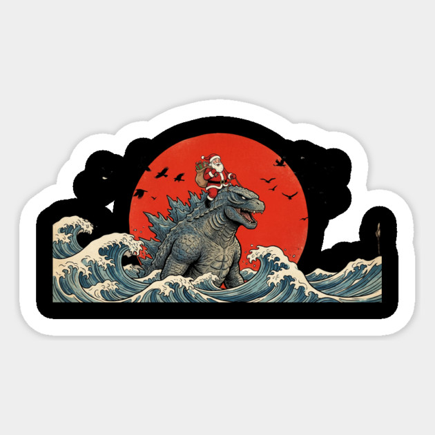 Santa Claus Riding Godzilla Christmas Kaiju Sticker by ArtistTee ⭐⭐⭐⭐⭐