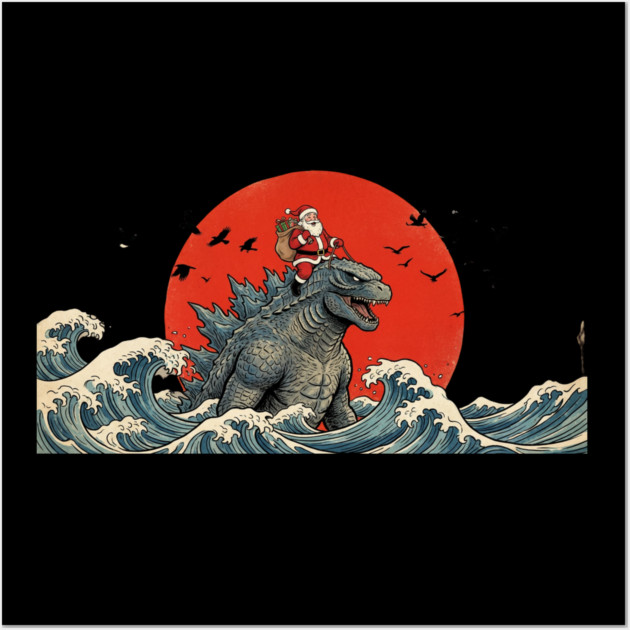 Santa Claus Riding Godzilla Christmas Kaiju Wall Art by ArtistTee ⭐⭐⭐⭐⭐