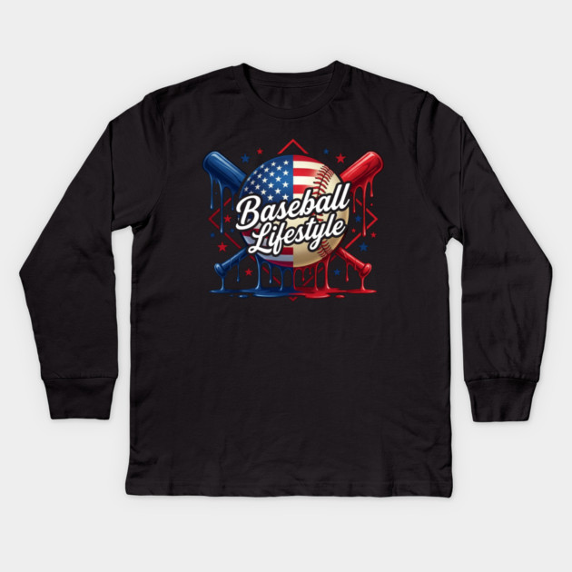 Baseball Lifestyle Patriotic Baseball Fan Kids Long Sleeve T-Shirt by ArtistTee ⭐⭐⭐⭐⭐