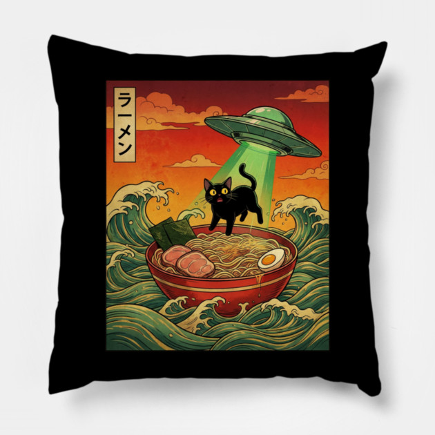 Ramen Cat Alien Abduction Funny Cat Foodie Pillow by ArtistTee ⭐⭐⭐⭐⭐