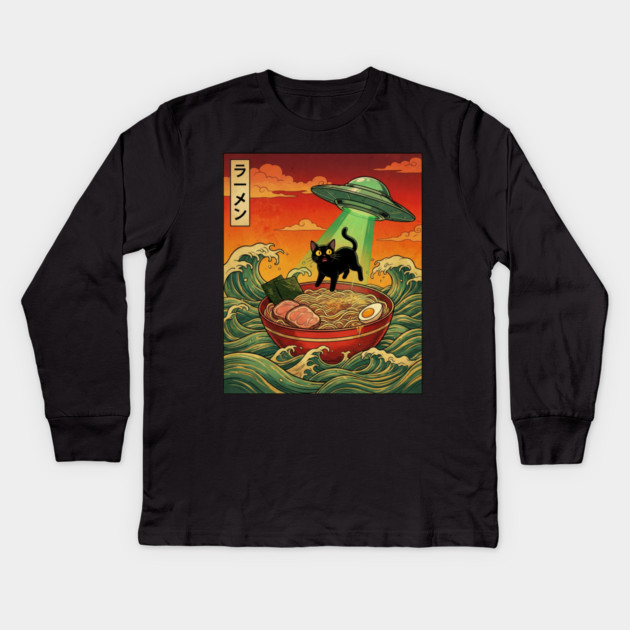 Ramen Cat Alien Abduction Funny Cat Foodie Kids Long Sleeve T-Shirt by ArtistTee ⭐⭐⭐⭐⭐