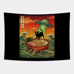 Ramen Cat Alien Abduction Funny Cat Foodie Tapestry