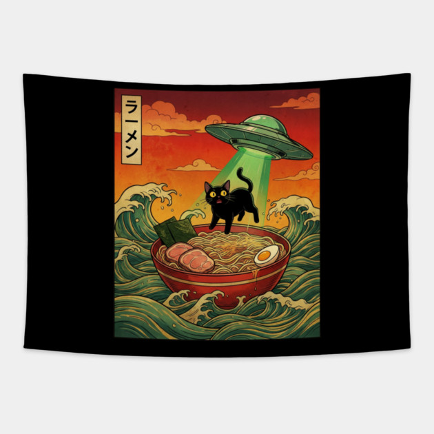 Ramen Cat Alien Abduction Funny Cat Foodie Tapestry by ArtistTee ⭐⭐⭐⭐⭐
