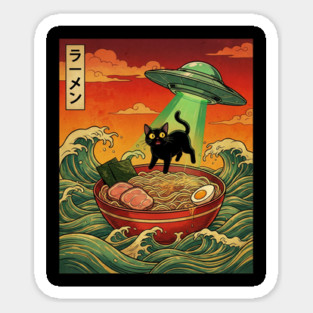 Ramen Cat Alien Abduction Funny Cat Foodie Sticker