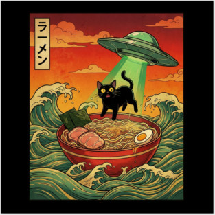 Ramen Cat Alien Abduction Funny Cat Foodie Posters and Art