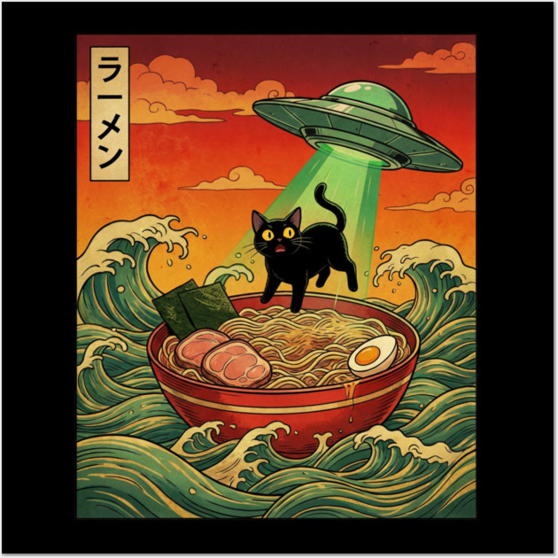 Ramen Cat Alien Abduction Funny Cat Foodie Wall Art by ArtistTee ⭐⭐⭐⭐⭐